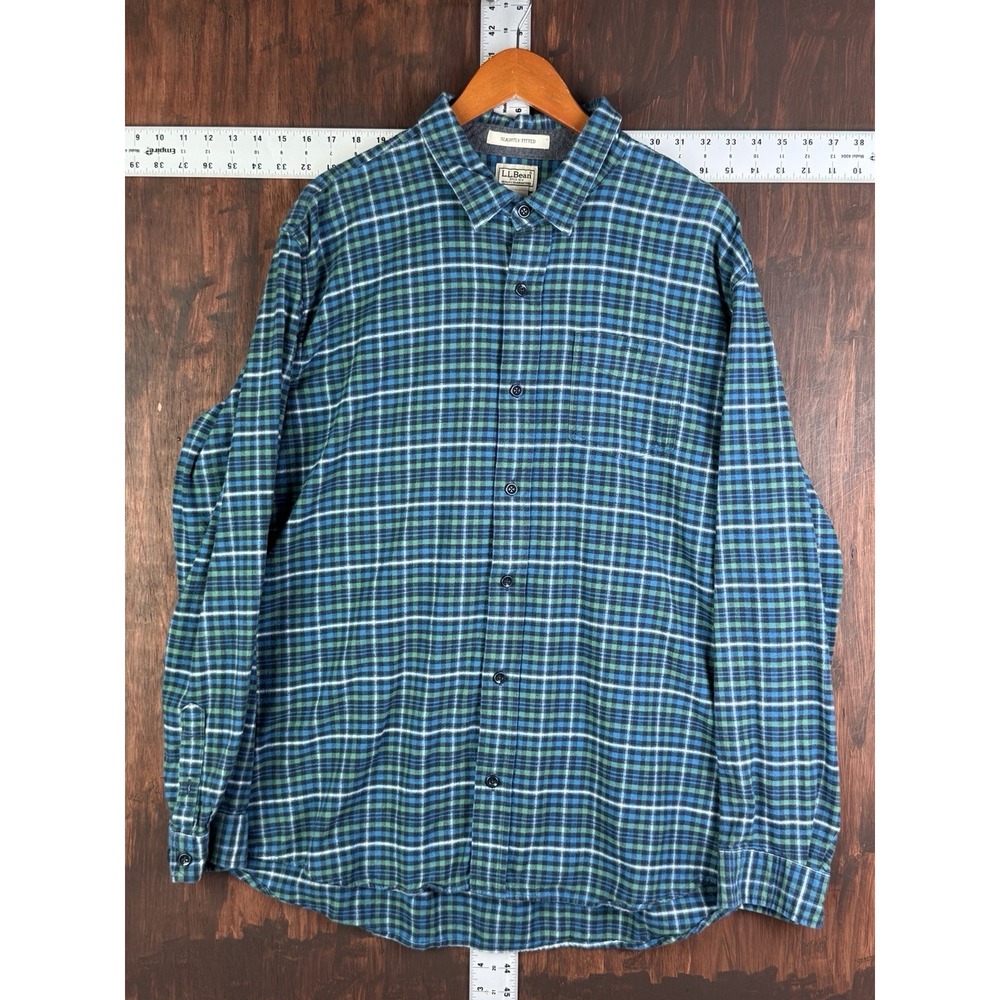 LL‎ Bean Slightly Fitted Plaid Flannel Long Sleeve Shirt Teal Green Mens 2XL XXL